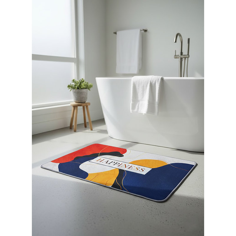 "Happiness" Typography 2-Piece Bathroom Rug Set: Bold Abstract Color-Block Non-Slip Bath Mat & Rug
