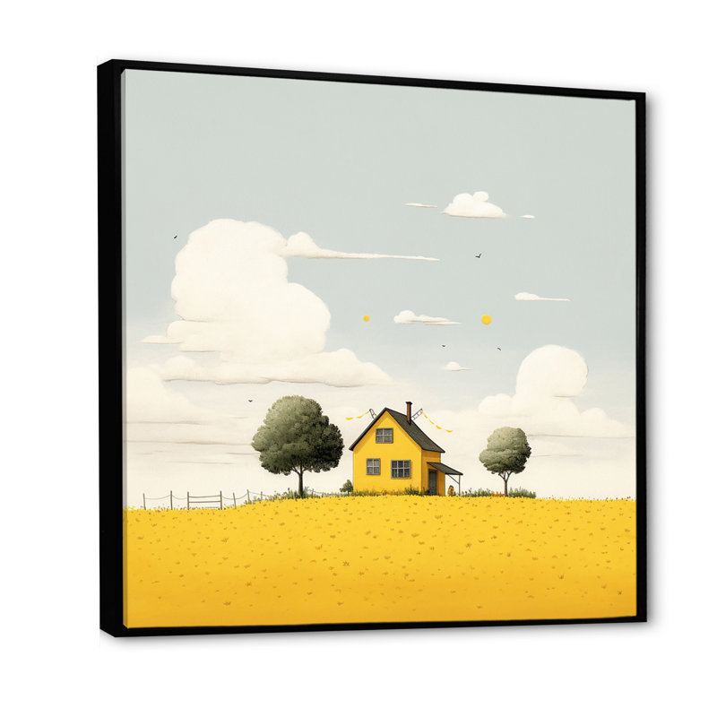 Maison jaune dans la prairie, aquarelle minimale, Cadre flottant noir, H 36 po x l 36 po x P 1,5 po
