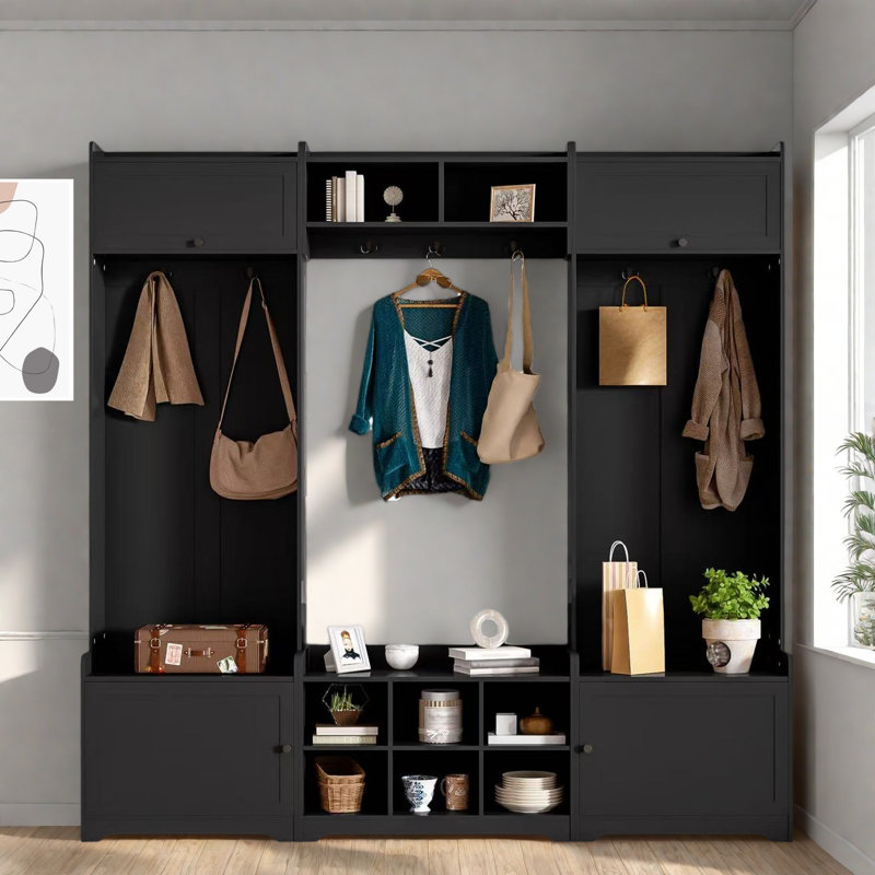 Arbre d'entrée 4 en 1 moderne avec rangement pour chaussures, casiers, crochets à manteau et tablettes réglables, Noir