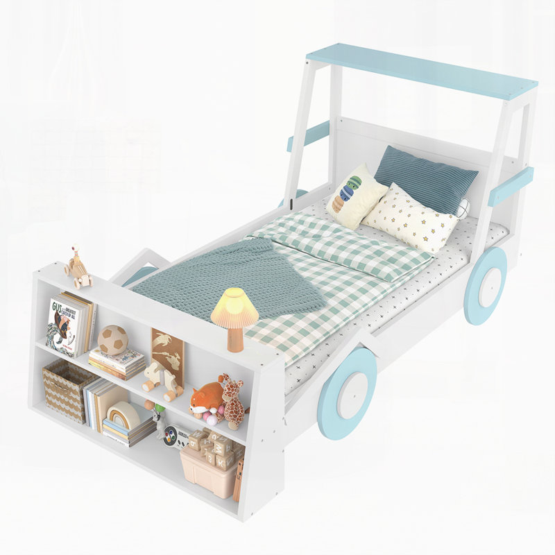 Lit voiture avec tablettes de rangement, lit plateforme en forme de voiture, Blanc / Bleu