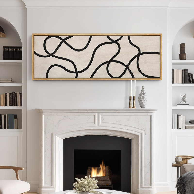 Lignes noires abstraites sur art moderne beige, H 20 po x l 60 po, Naturel