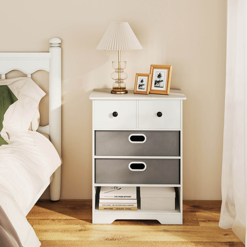 Commode 4 tiroirs avec tiroirs et tablettes ouvertes, Blanc / Gris
