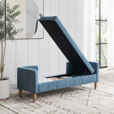Banc de rangement en chenille 64,6 po avec accoudoirs et dossier capitonnés, accoudoirs et dossier, pieds en bois d'hévéa blanchi