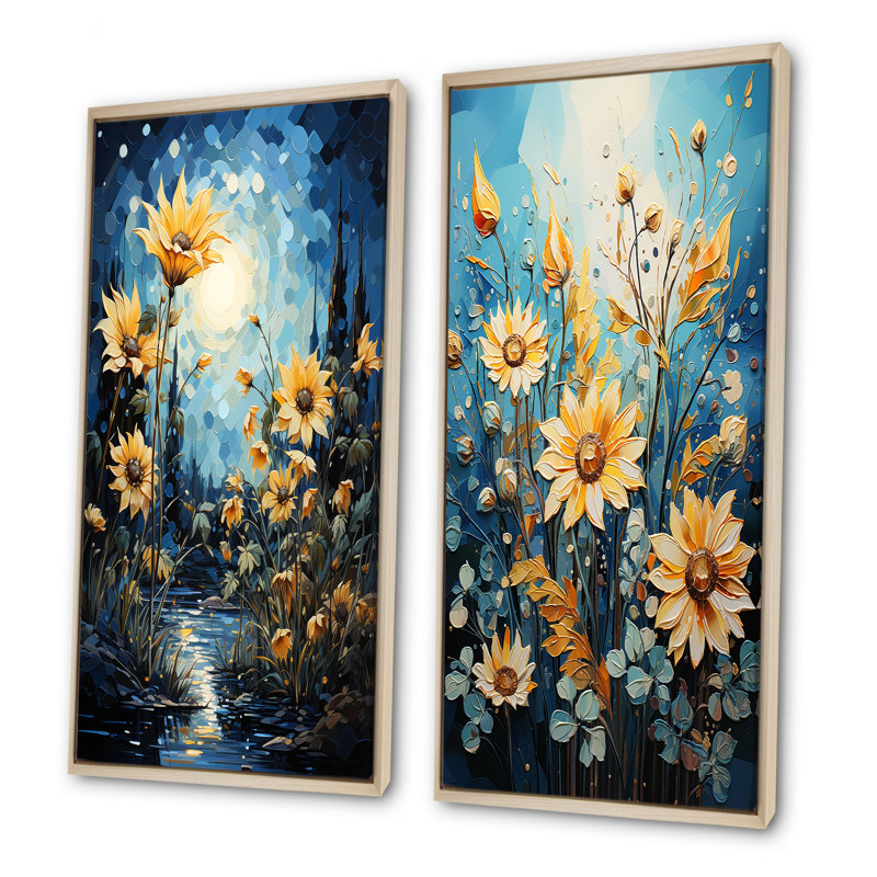 Expressionniste énergie tournesols - ensemble d'art mural toile de tournesols de 2, Cadre flottant brun, H 28 po x l 25 po