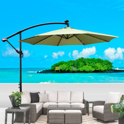 Parasol d'extérieur 10 pi à DEL avec toit imperméable, 8 baleines, poignée à manivelle, base croisée pour terrasse de jardin. Pare-soleil avec nervures. Et du plaisir. Auvent. Rouille - poteau en acier. Énergie
