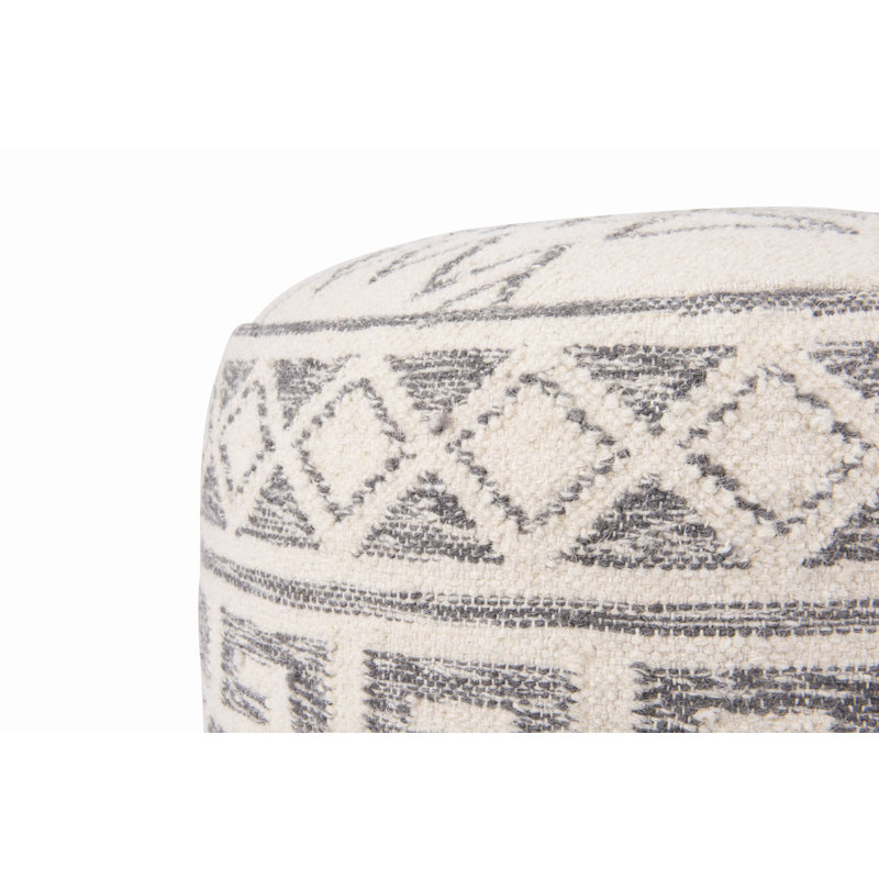 Round Wool Blend Kilim Pouf Ottoman with Geometric Design, 14.5" H x 20" W x 20" D