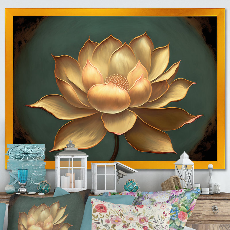 «Blossoming White Vintage Lotus», art mural Lotus, Cadre doré simple, H 24 po x l 32 po x P 1 po