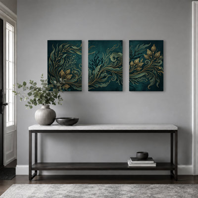 Ensemble de 3 toiles décoratives dorées sur fond bleu sarcelle
