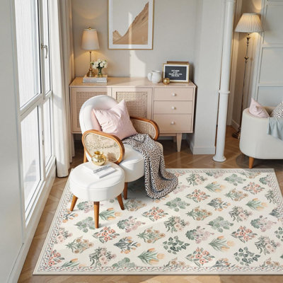 Cream Pink Floral Botanical 5 × 7 Ft Rug for Living Room Kitchen