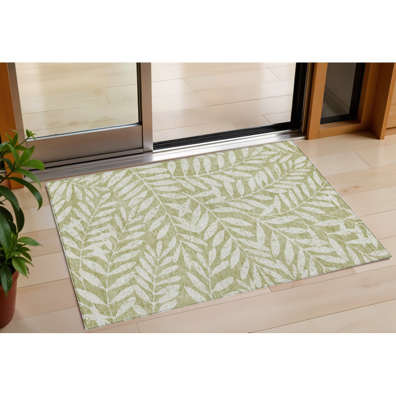 3' X 5' Artichoke Green And Ivory Floral Washable Indoor Outdoor Area Rug