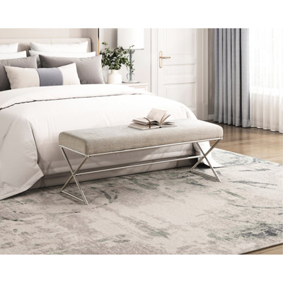 Banc contemporain avec tissu en chenille taupe rembourré en mousse souple, structure en métal couleur champagne, hauteur totale de 18 po, siège idéal pour chambre à coucher confort moderne, couleur, profondeur de siège de 16 po