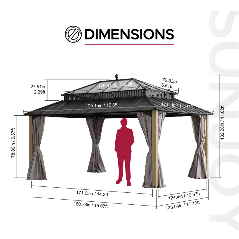 SUNJOY Kingston 16x12 Gazebo, Steel & PC Roof Hardtop Gazebo with Curtain and Netting - Cedar Posts, 16x12