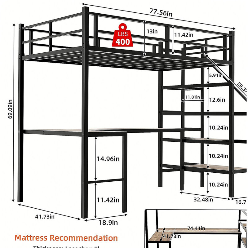 Lit mezzanine avec bureau en forme de L, grand espace de rangement et compartiments de rangement, structure de lit robuste avec escalier, garde-corps continu, peu encombrant, silencieux, pas besoin de ressorts d'éléphant
