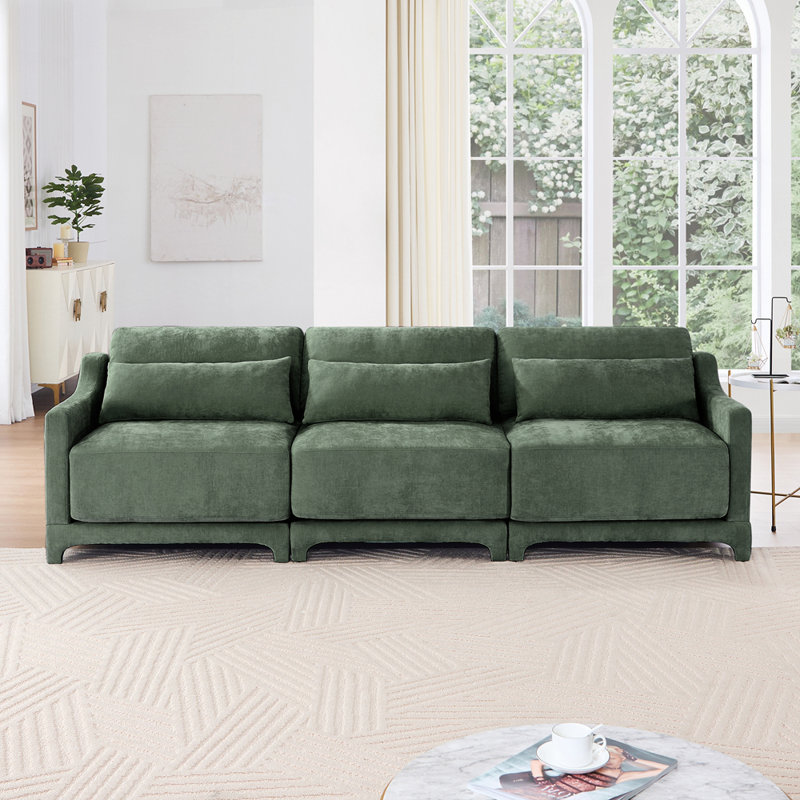 105.9" Chenille Upholstered Pillow-Top Arm Sofa Couch, 3, Green