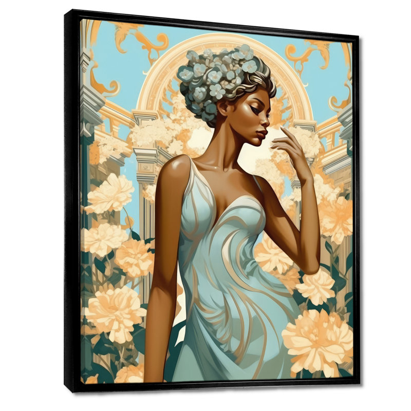 Élégante beauté afro-américaine dans un pré de fleurs - impression, Cadre flottant noir, H 32 po x l 24 po x P 1 po