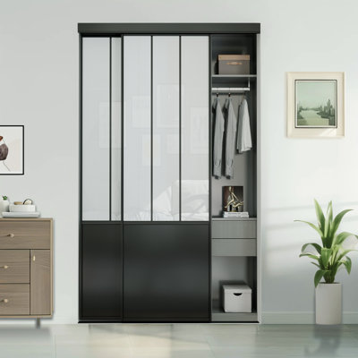 48"x80" Frosted Safety Glass Full Lite Powder Coated Black Steel Framed Sliding Closet Doors With Installation Hardware Kit