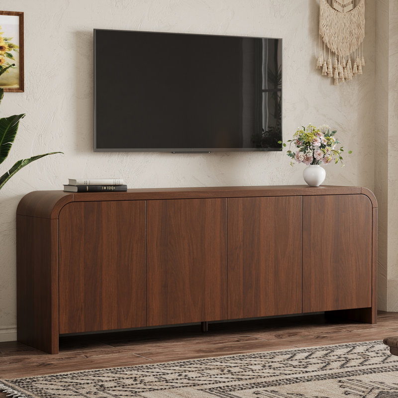 Meuble télé de style ferme à bords arrondis pour téléviseurs jusqu'à 70 pouces, console multimédia avec passe-câbles et tablette ajustable, noyer