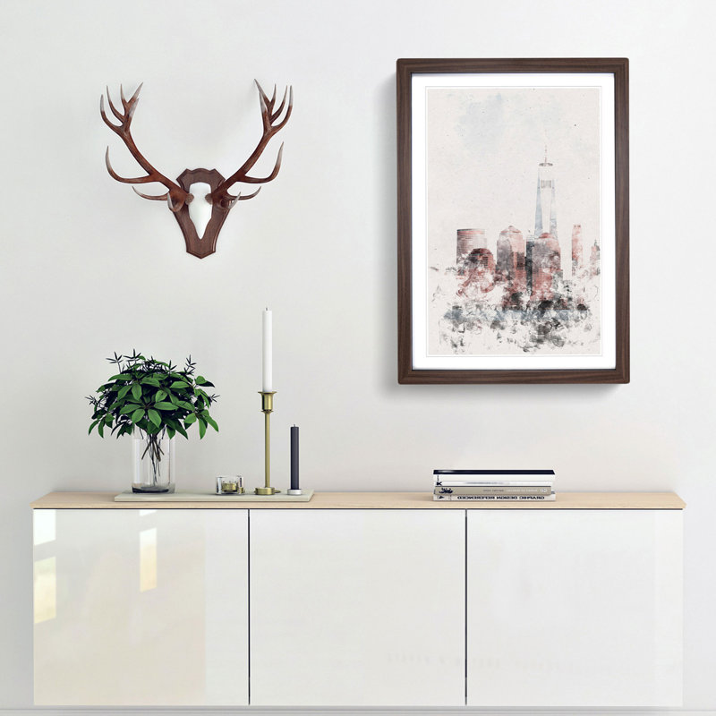 Downtown New York City Skyline Watercolour - Picture Frame Graphic Art, 33cm H x 24cm W x 2cm D, Walnut Framed
