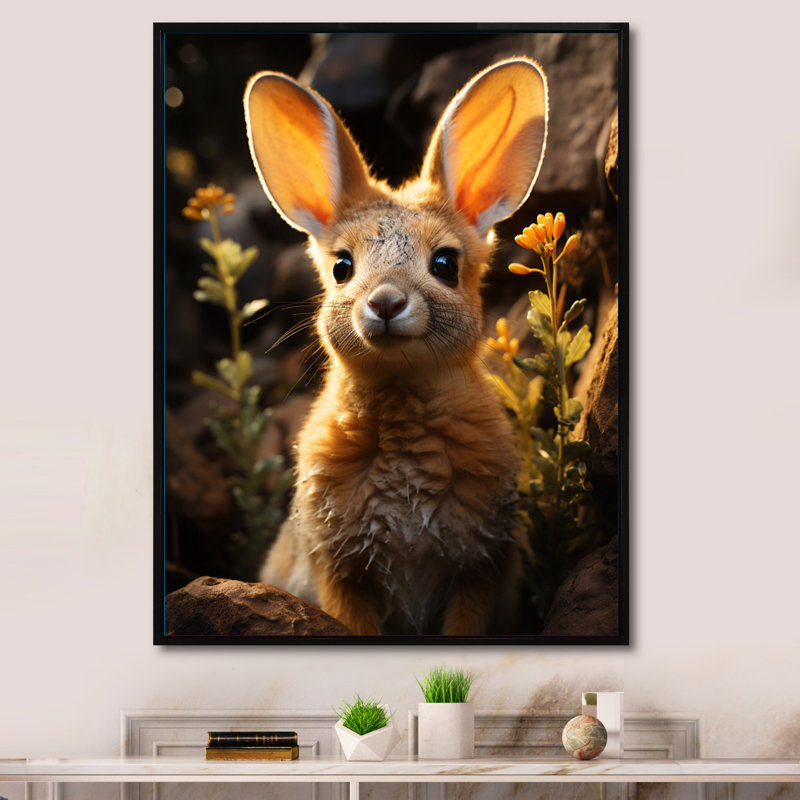 Mignon portrait de kangourou I - animaux, art mural dans le salon, Cadre flottant noir, H 44 po x l 34 po x P 1,5 po
