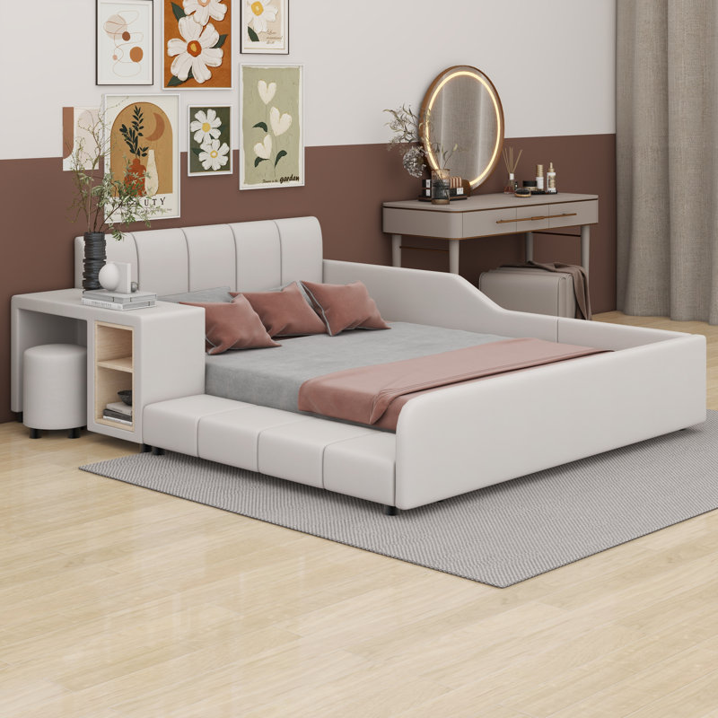 Lit plateforme tapissier avec rangement Leavie, Beige, Double