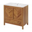 30 Inch Freestanding Farmhouse Bathroom Vanity with Integrated White Ceramic Sink Top, Smooth Finish Natural Acacia Wood Veneer Herringbone Chevron Cabinet, Soft Close Doors & Full Extension Drawer, B