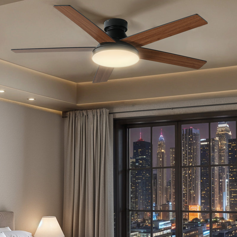 Balconera 52" 5 Blades Ceiling Fan With Light & Remote, 3 LED Colour, 6 Speed Quiet DC Motor, Brown Wood, Matte Black