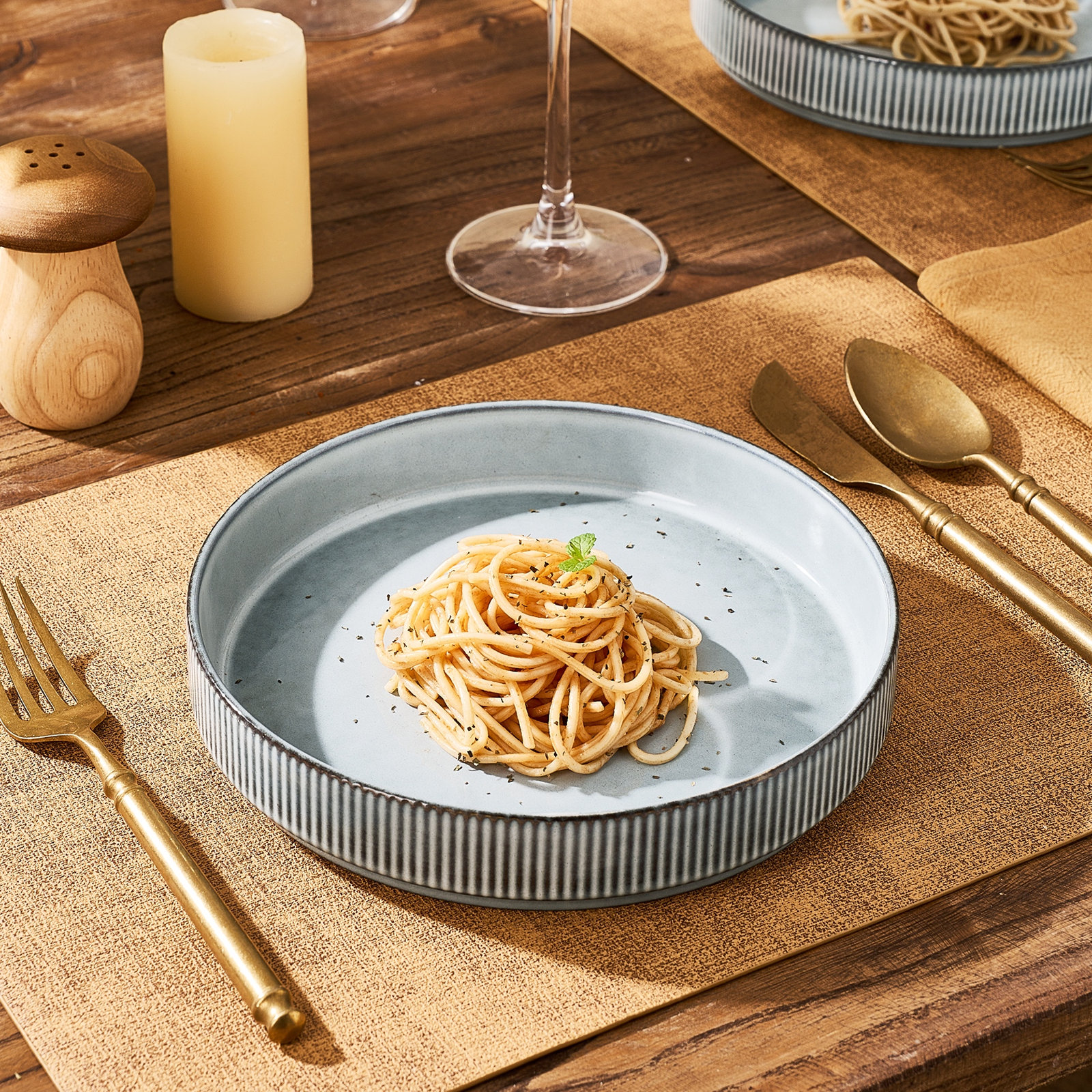 Azal Stoneware Pasta Bowl, Smoky Blue