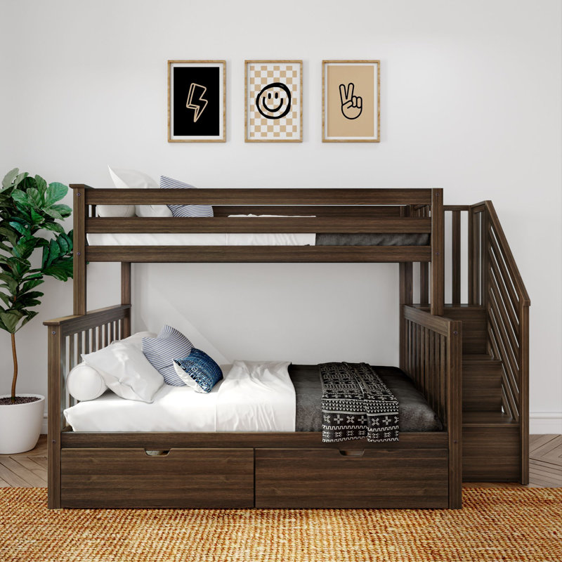Aileana Solid Wood Bunk Bed with Storage Drawers, Twin Over Full, Walnut