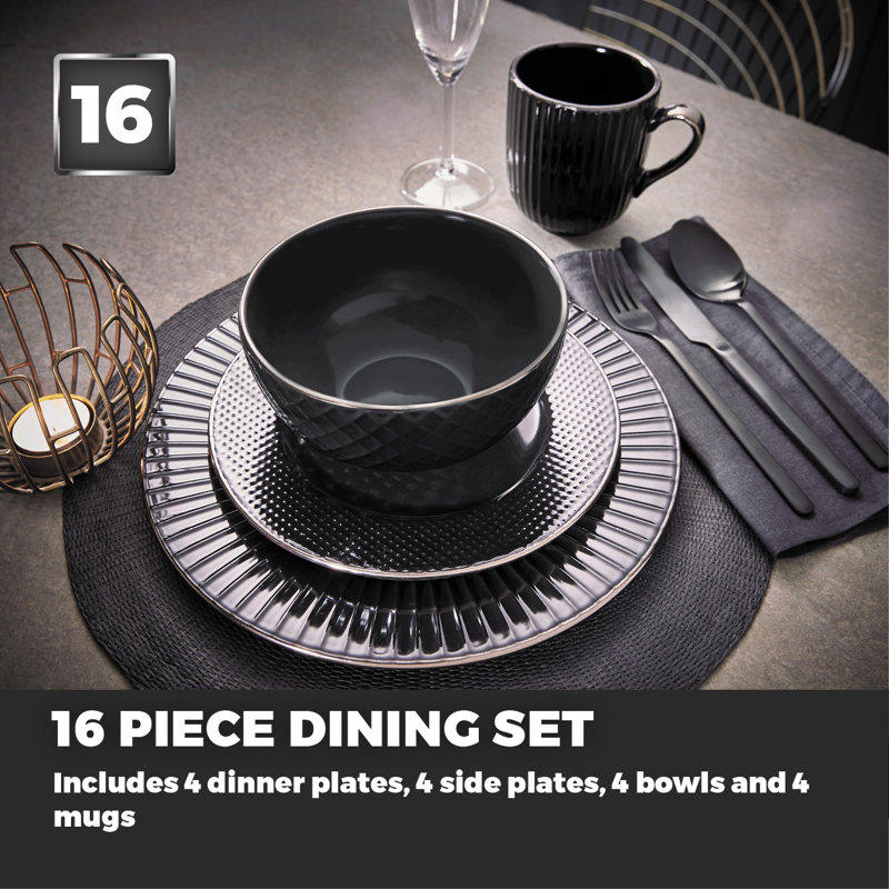 16 Piece Stoneware Dinnerware Set - Service for 4, Black