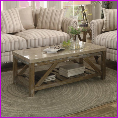Table basse de style industriel avec plateau en marbre Base en bois pour le salon, tablette inférieure peu encombrante