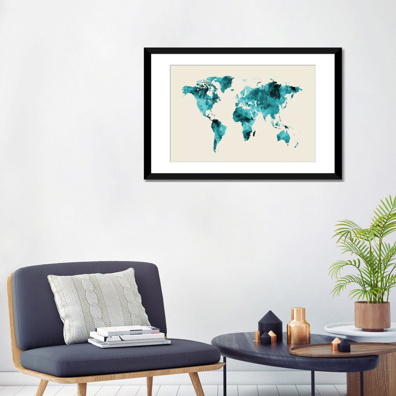 Carte du monde : teintes de bleu-vert/antarctique, impression sur toile tendue beige, H 24 po x l 32 po x P 1 po, Blanc