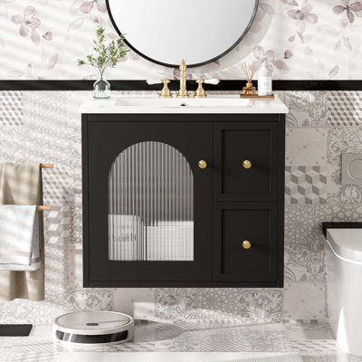 Ensemble de meuble-lavabo mural de 24 pouces peu encombrant avec lavabo en céramique, 2 tiroirs et 1 porte à fermeture en douceur pour les petites salles de bain