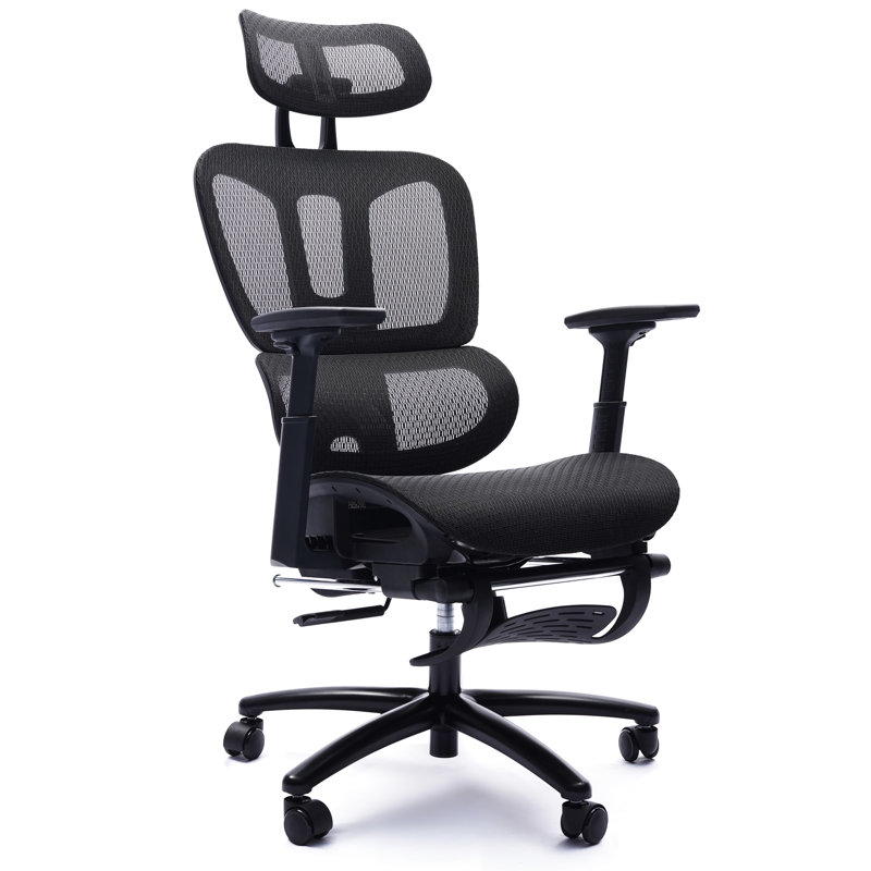 Chaise ergonomique réglable en filet noir avec rembourrage confortable et bureau de conférence avec repose-pieds