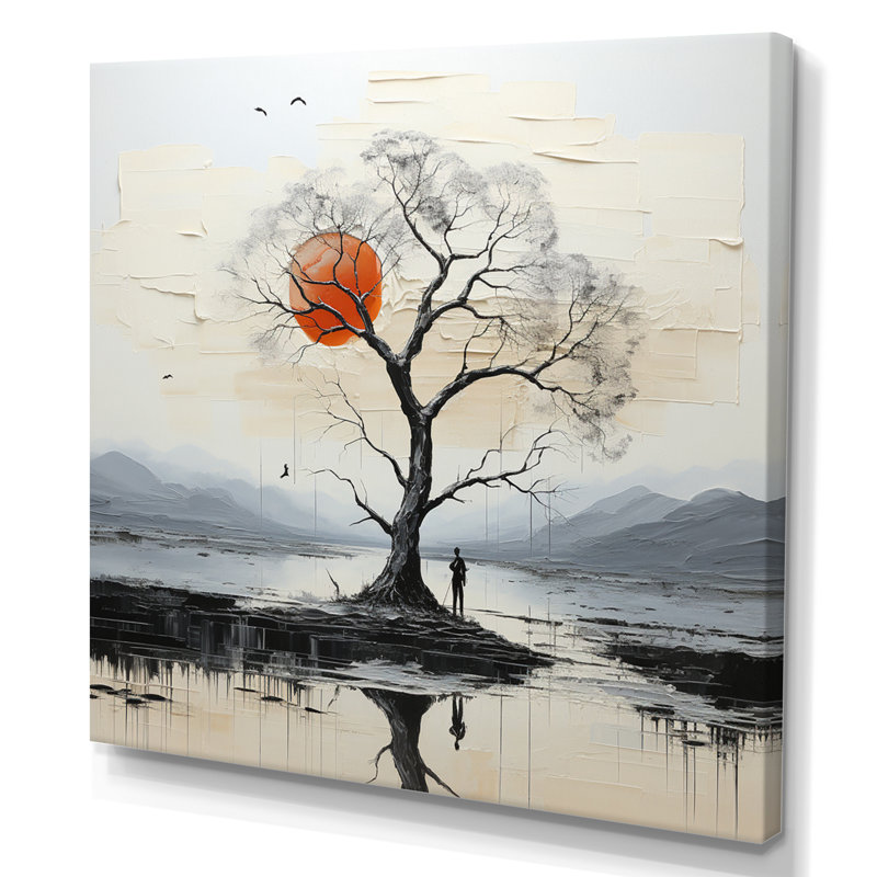 «Grey Red Minimalisme Tree Solitude III», reproduction sur toile, H 36 po x l 36 po x P 1,5 po, Toile tendue
