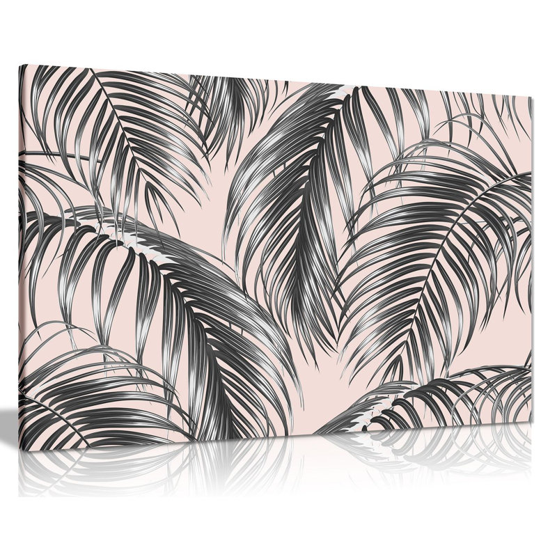 Tropical Jungle Palm Leaves On Pink Botanical - Wrapped Canvas Print, 61cm H x 91cm W