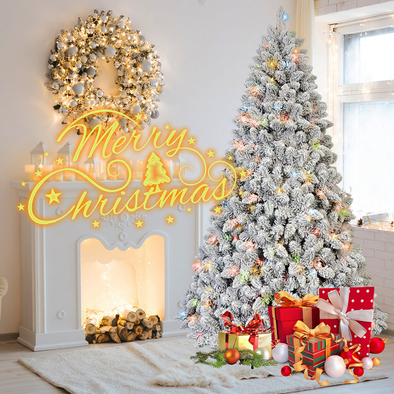 Arbre de Noël 4 pi avec 150 lumières colorées UL et 21 pommes de pin naturelles - 366 pointes en PVC enneigées, branches articulées, support en métal stable, installation facile