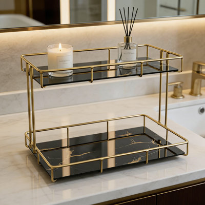 2-Tier Bathroom Countertop Organizer With Glass Shelves And Metal Frame, Stylish Vanity Storage Shelf For Perfume, Skincare, Makeup And Toiletries