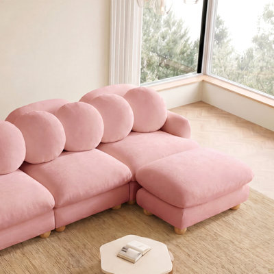 Canapé modulaire confortable en chenille Comfy, canapé 5 places profond avec 6 coussins décoratifs, repose-pieds mobile, structure en bois massif pour le salon, la chambre à coucher et un appartement, rose