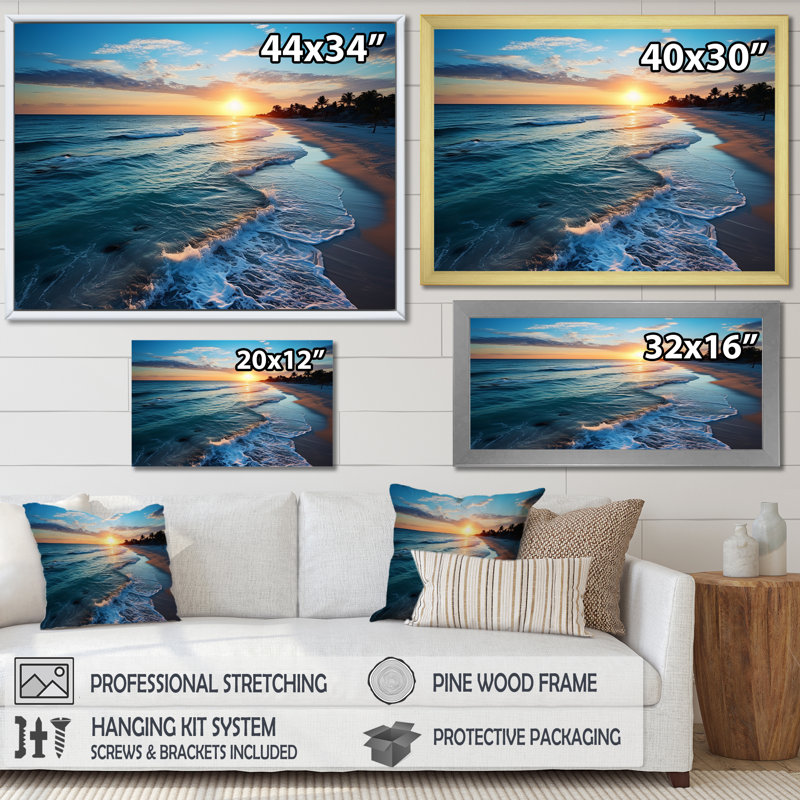 Tranquil Shores Sunset Beach Horizon I - art mural plage, Cadre d'angle fermé noir, H 12 po x l 20 po x P 1 po