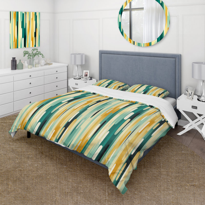 Jungle Green And Yellow Striped Pattern Striped Duvet Cover, King Duvet Cover + 2 King Shams