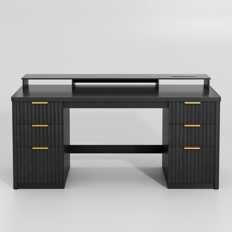 Computer Desk with Built-In Electrical Outlet, Black