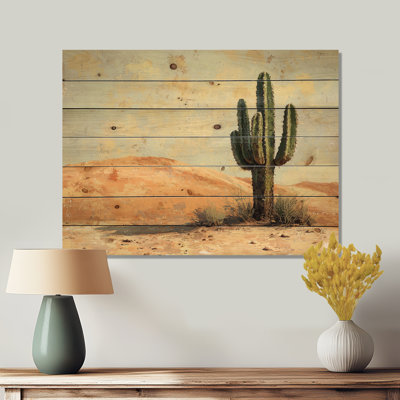 Minimalism Cactus By The Dunes I - Floral Cactus Wood Wall Art - On Natural Pine Wood