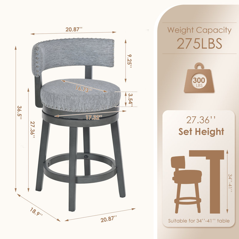 Tabouret de cuisine pivotant rembourré de 61 cm (24 po) de hauteur comptoir, pivotant à 360°, avec assise et dossier épais rembourrés, structure en bois massif, repose-pieds et garniture cloutée.