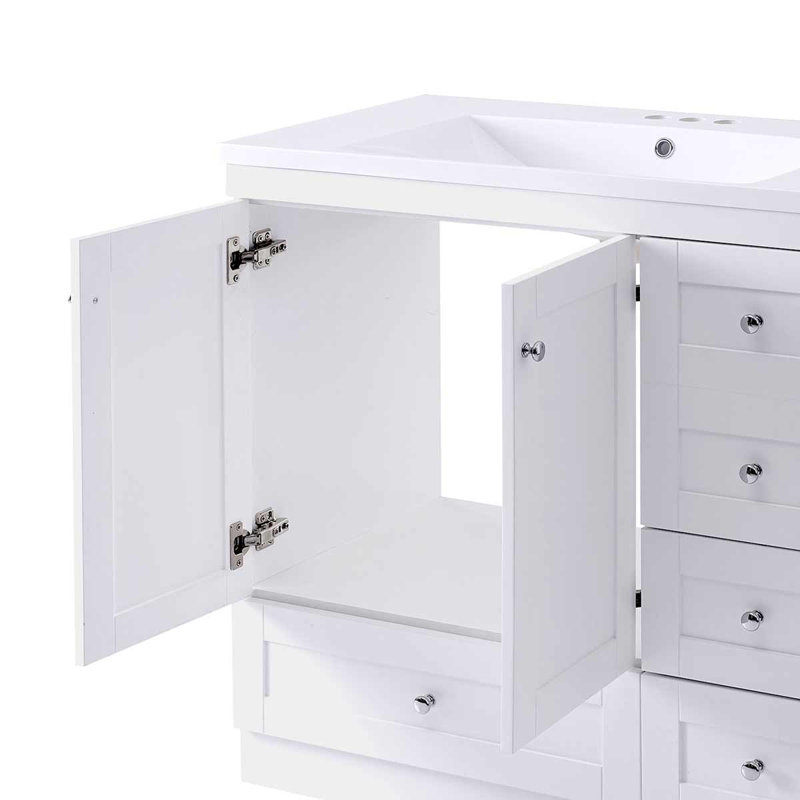 Meuble-lavabo simple 36 po avec plateau en céramique Rhyis, armoire avec 4 tiroirs à fermeture en douceur, Blanc