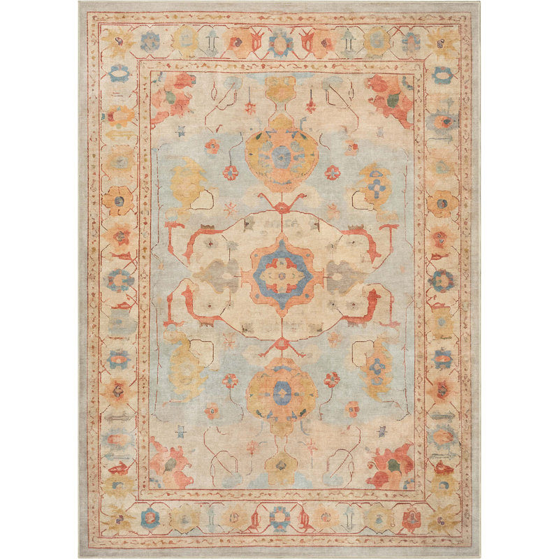 Bungalow Rose Adrith Pamukkale Updated Traditional Pastel Light Blue Area Rug, Rectangle 5'3" x 7'3"