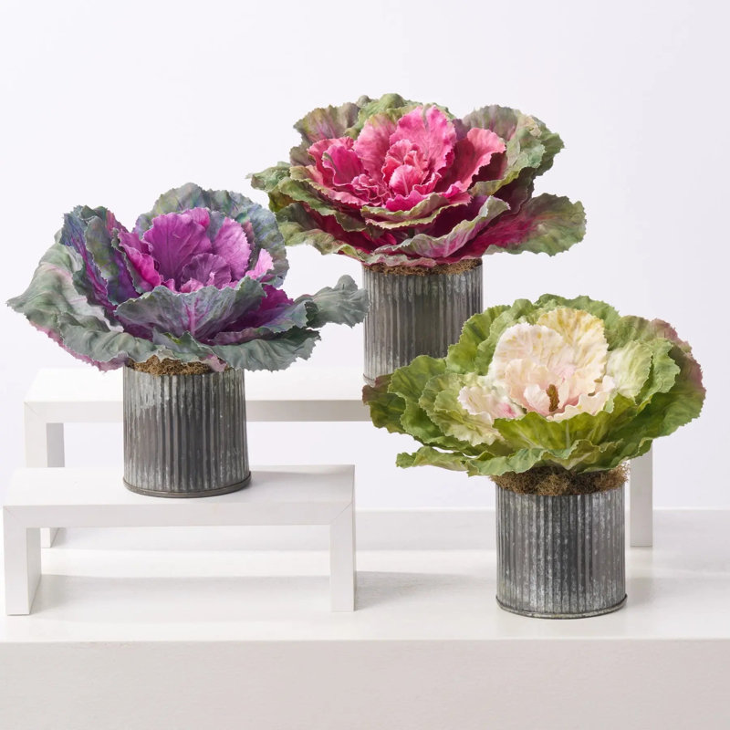 Grande fleur de chou frisé dans une composition végétale artificielle en fer galvanisé - Paquet de 3