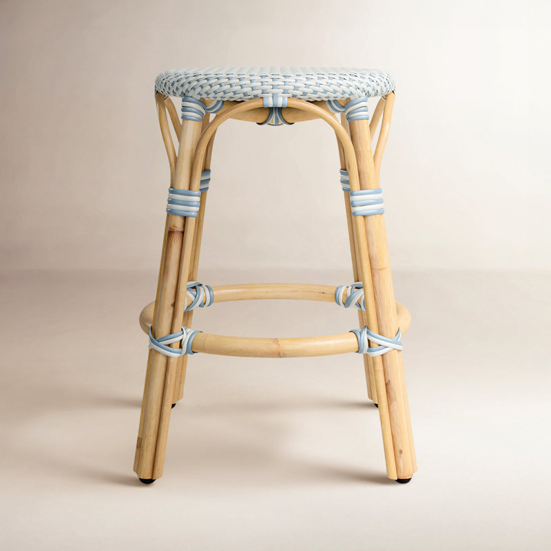 Alastair 24" Rattan Counter Stool - White/Sky Blue Dot / Natural Rattan Frame, Counter Stool (24" Seat Height)