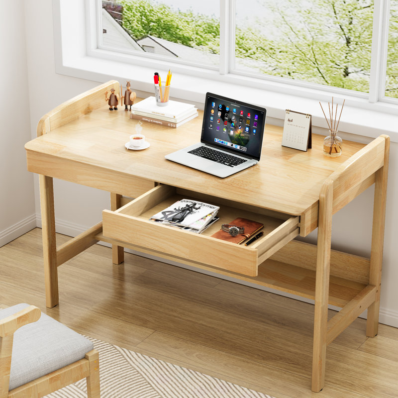 Solid Wooden Desk with Drawers, Manual Standing Desk Adjustable Height with Cable Hole, 31.7" H x 40.5'' W x 23.6'' D