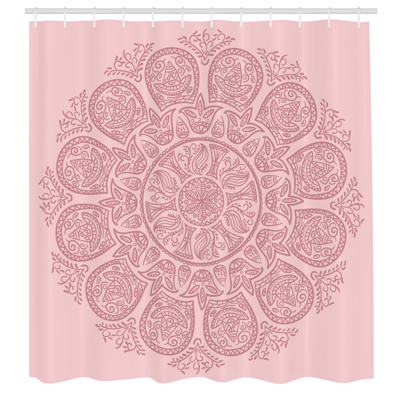 Pale Pink Ornamental Fabric Shower Curtain with Hooks