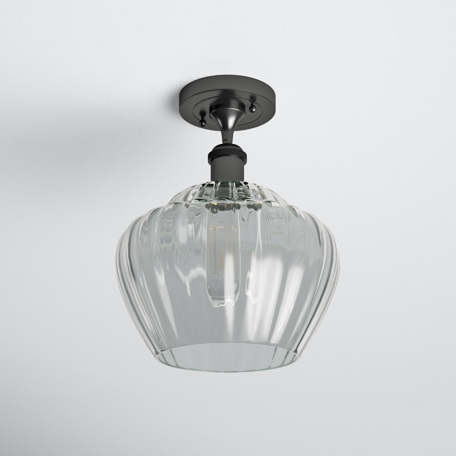 Renee Single Light Glass Semi Flush Mount, Matte Black, Clear, 6 Watt Vintage LED Bulb